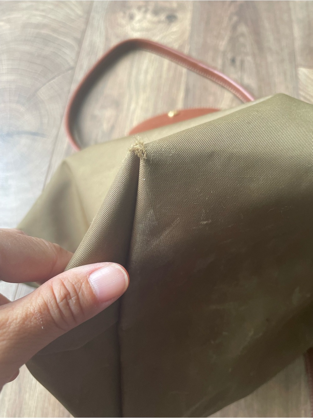 Vintage Longchamp Le Pliage Large Tote Bag Olive Green Leather Trim Gold Snap - Picture 12 of 16